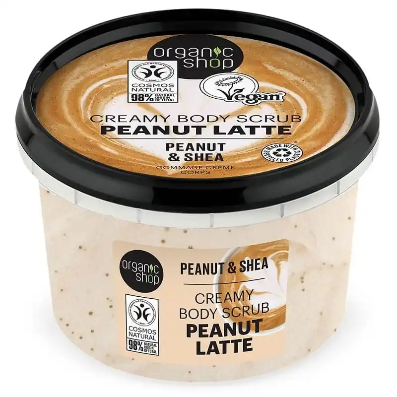 Organic Shop Peanut Latte krémes testradír mogyoróval és shea vajjal – 250ml Korlátozott ajánlat