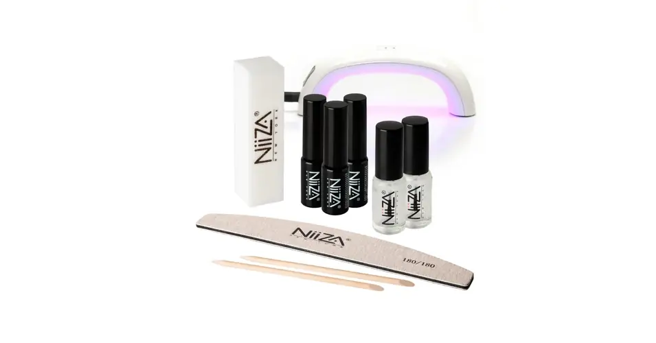 NiiZA Géllakk starter szett fixálásmentes fedőlakkal 2 + 9W mini UV/LED lámpa Kedvezményes ár