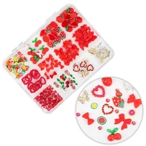 Körömdísz - 3D díszek 100db -szív, cseresznye, masni Gyors szállítás