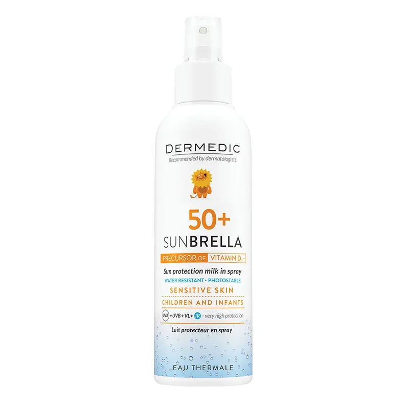 Végkiárusítás DERMEDIC Sunbrella Baby napfényvédő tej spray gyermekeknek SPF50+ (150ml)