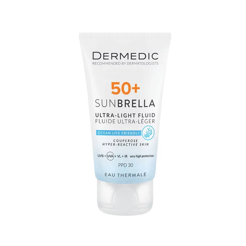 Vásárlói kedvenc DERMEDIC Sunbrella Ultra-light fényvédő FLUID SPF50+ rozáceás bőrre (40ml)