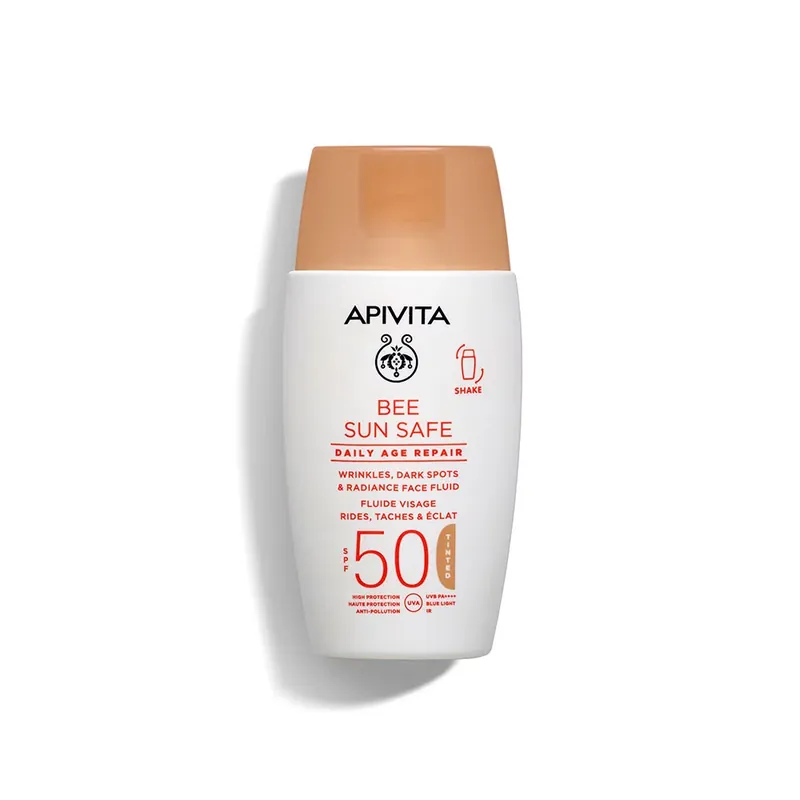 Prémium APIVITA BEE SUN SAFE Daily Age Repair színezett fluid ráncok és pigmentfoltok ellen SPF50 (50ml)