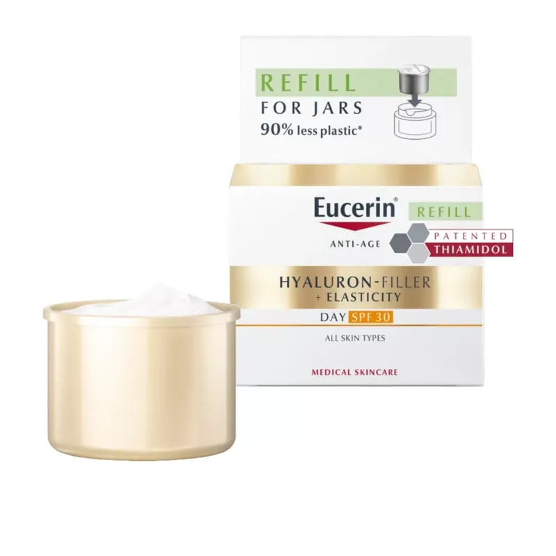 Szezonális akció Eucerin Hyaluron-Filler + Elasticity bőrtömörséget regeneráló nappali arckrém SPF30 öko-utántöltő 50 ml