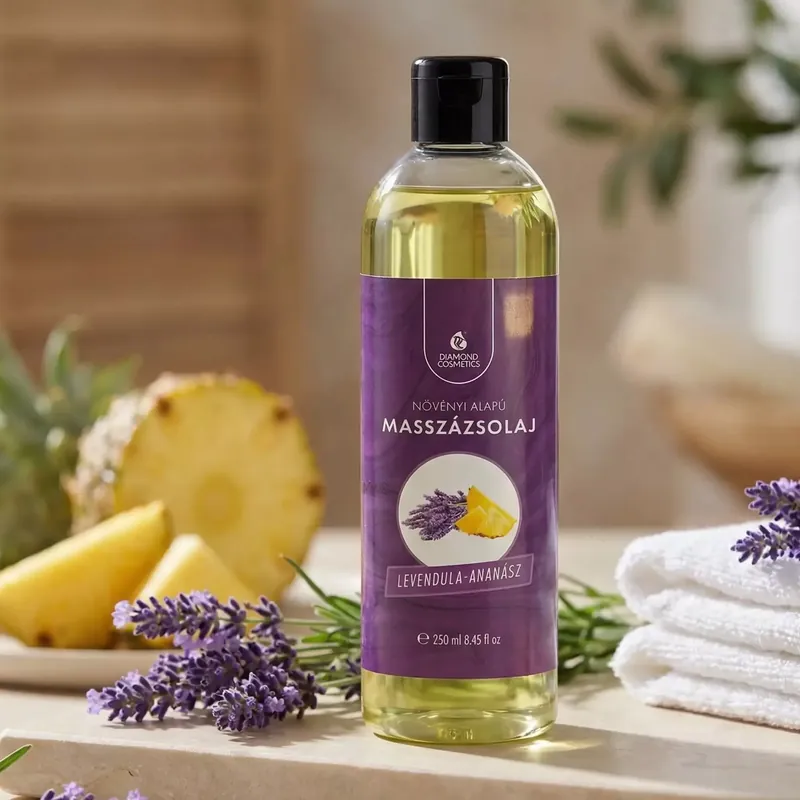 Biztonságos vásárlás Masszázsolaj levendula–ananász illattal - 250ml – Relaxáló és Bőrápoló