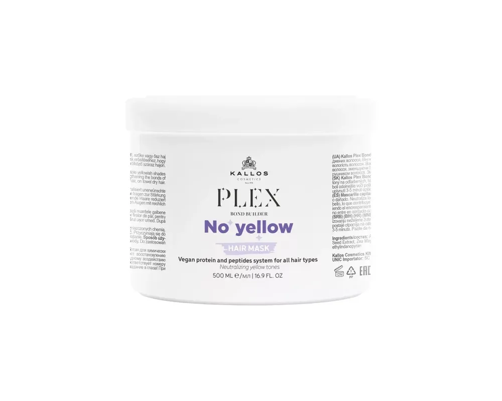 Prémium Kallos Plex Bond Builder NO YELLOW hamvasító hajpakoló krém növényi proteinnel és peptid komplex-szel 500 ml