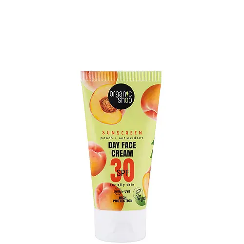 Árcsökkenés Organic Shop Őszibarack és antioxidáns Fényvédő nappali arckrém zsíros bőrre 50 ml - SPF30