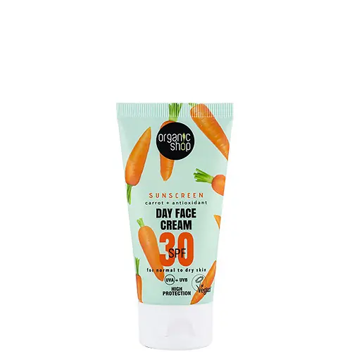Biztonságos fizetés Organic Shop Sárgarépa és antioxidáns Fényvédő nappali arckrém normál és száraz bőrre 50 ml - SPF30